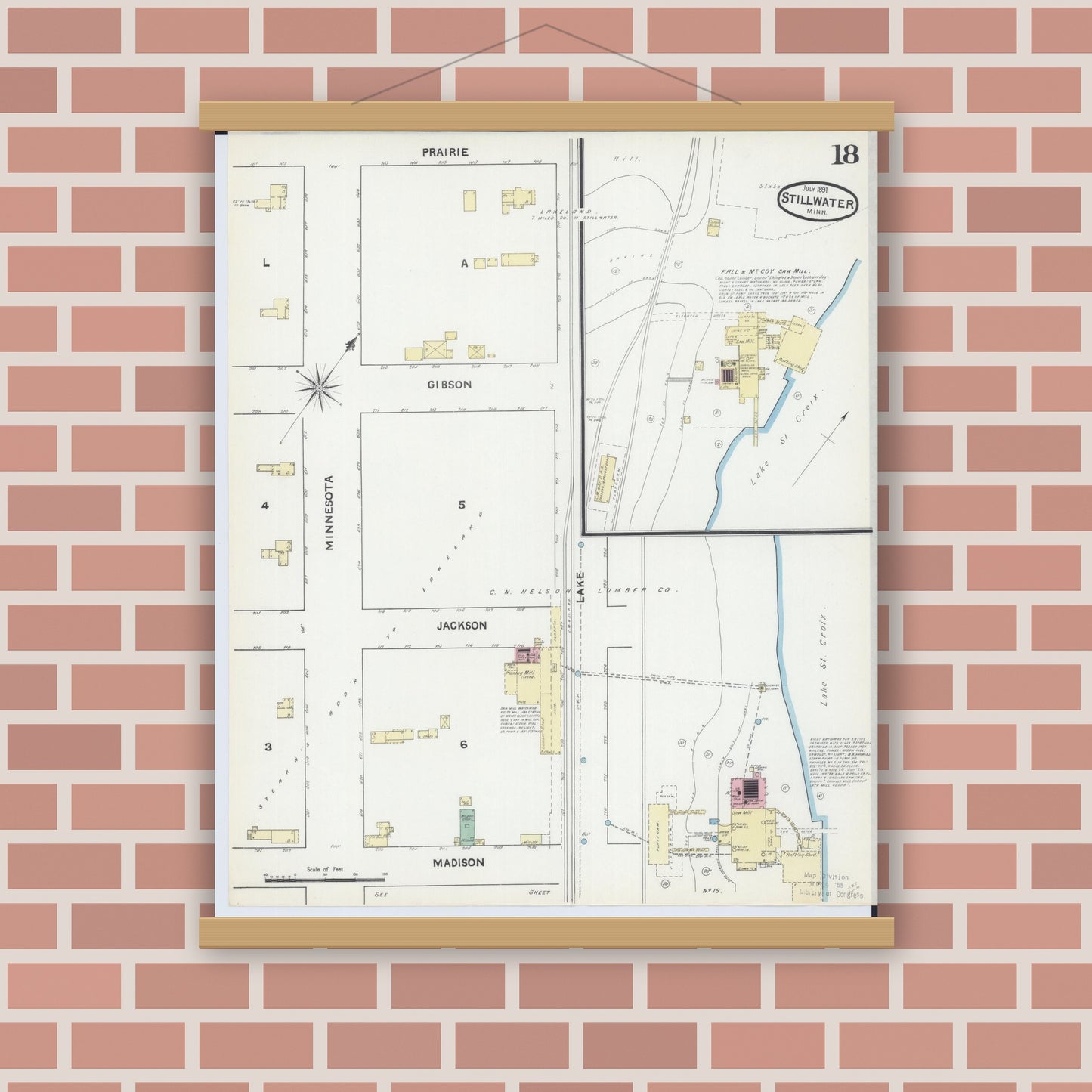 Old map wall art mockup — magnetic wood frame on brick wall — Sanborn Fire Insurance Map from Stillwater, Washington County, Minnesota (1891), Sheet #0018