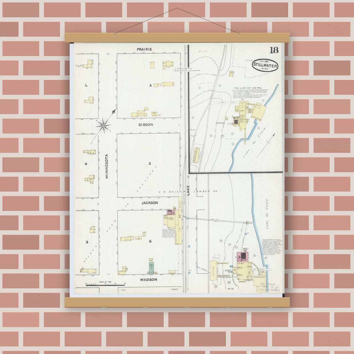 Old map wall art mockup — magnetic wood frame on brick wall — Sanborn Fire Insurance Map from Stillwater, Washington County, Minnesota (1891), Sheet #0018