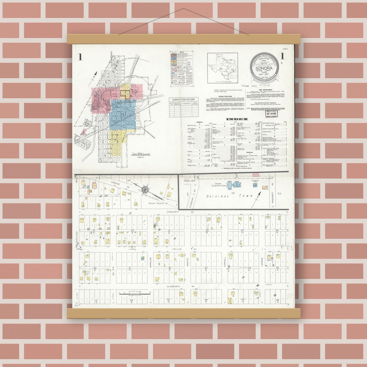 Old map wall art mockup — magnetic wood frame on brick wall — Sanborn Fire Insurance Map from Sonora, Sutton County, Texas (1937), Sheet #0001