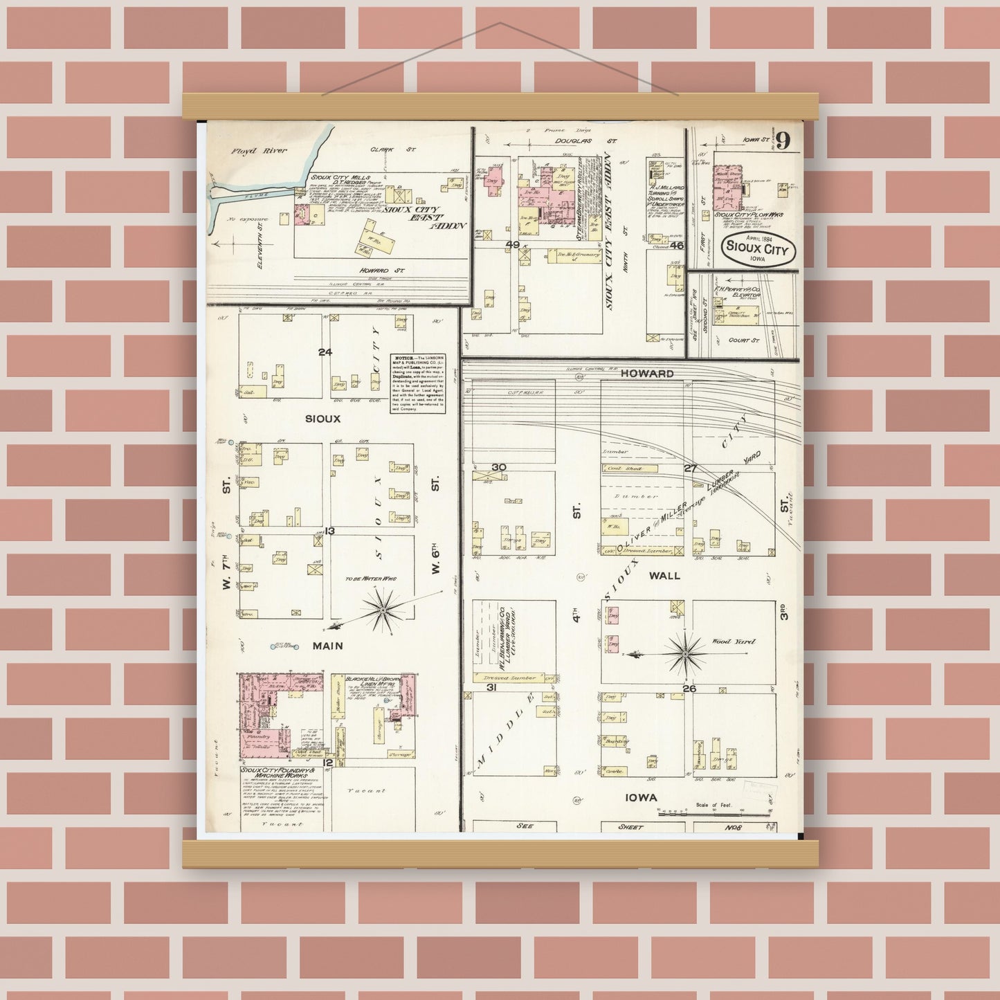 Old map wall art mockup — magnetic wood frame on brick wall — Sanborn Fire Insurance Map from Sioux City, Woodbury County, Iowa (1884), Sheet #0009