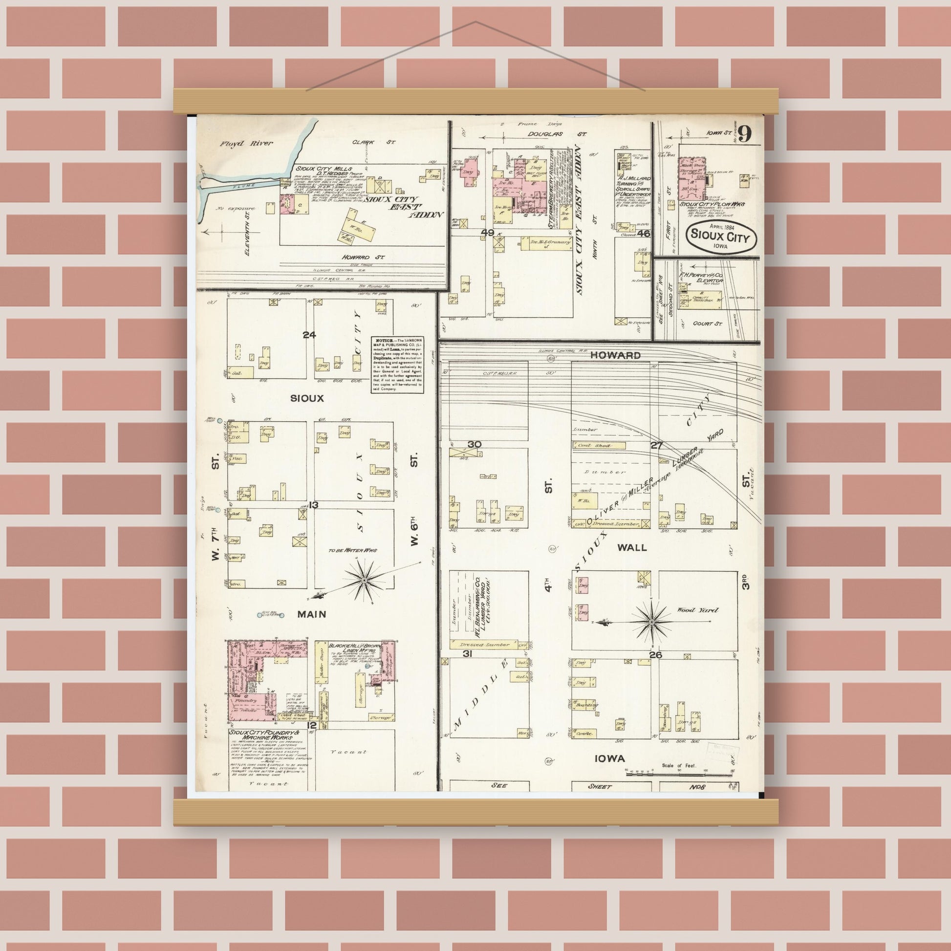 Old map wall art mockup — magnetic wood frame on brick wall — Sanborn Fire Insurance Map from Sioux City, Woodbury County, Iowa (1884), Sheet #0009
