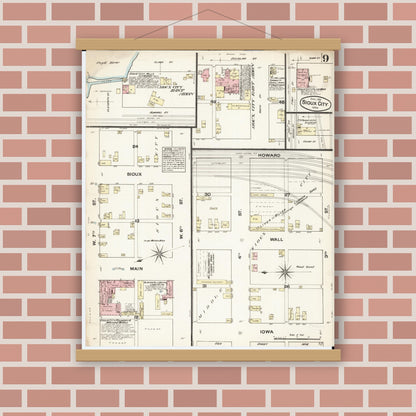Old map wall art mockup — magnetic wood frame on brick wall — Sanborn Fire Insurance Map from Sioux City, Woodbury County, Iowa (1884), Sheet #0009