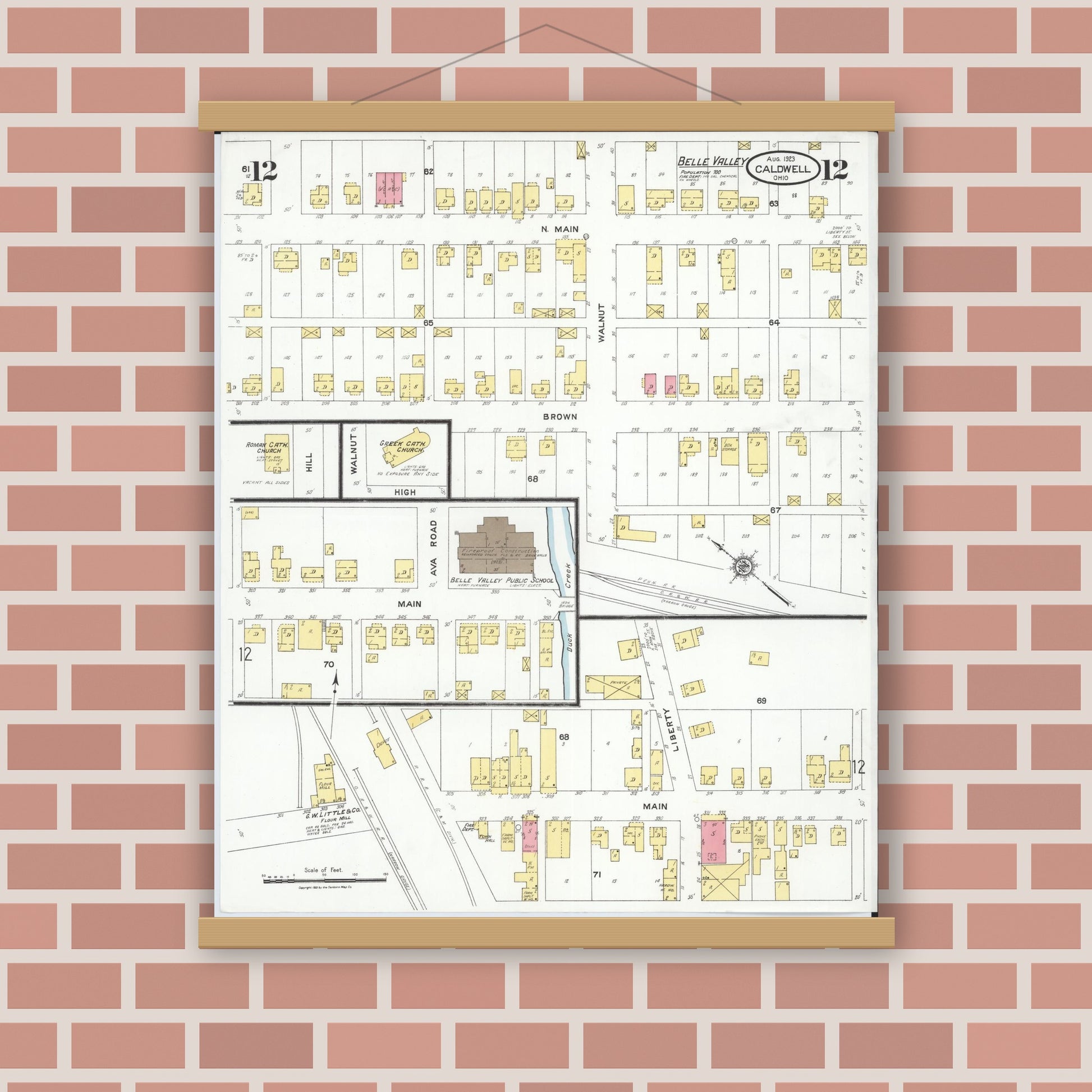 Old map wall art mockup — magnetic wood frame on brick wall — Sanborn Fire Insurance Map from Caldwell, Noble County, Ohio (1923), Sheet #0012