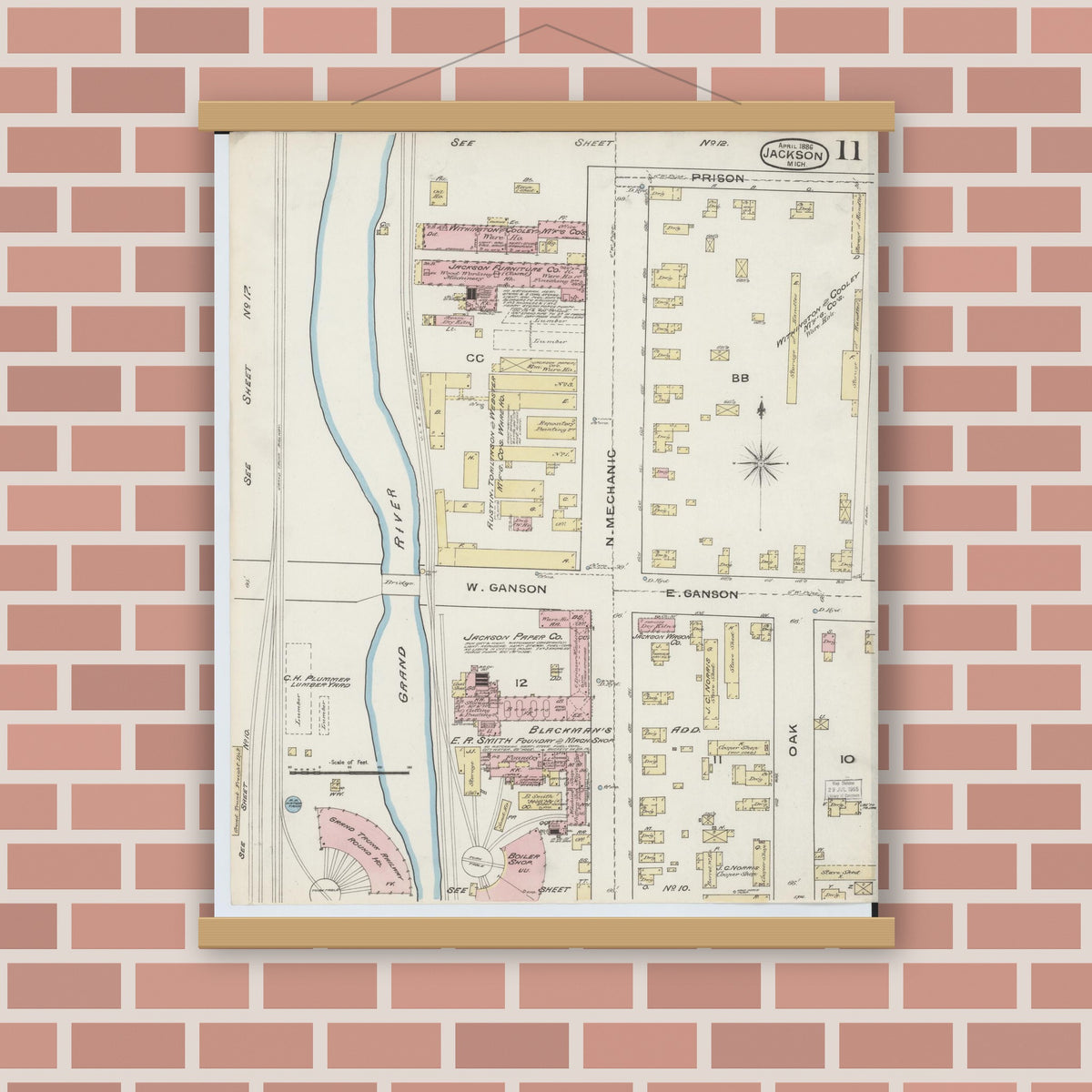 Old map wall art mockup — magnetic wood frame on brick wall — Sanborn Fire Insurance Map from Jackson, Jackson County, Michigan (1886), Sheet #0011