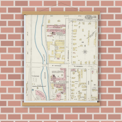 Old map wall art mockup — magnetic wood frame on brick wall — Sanborn Fire Insurance Map from Jackson, Jackson County, Michigan (1886), Sheet #0011