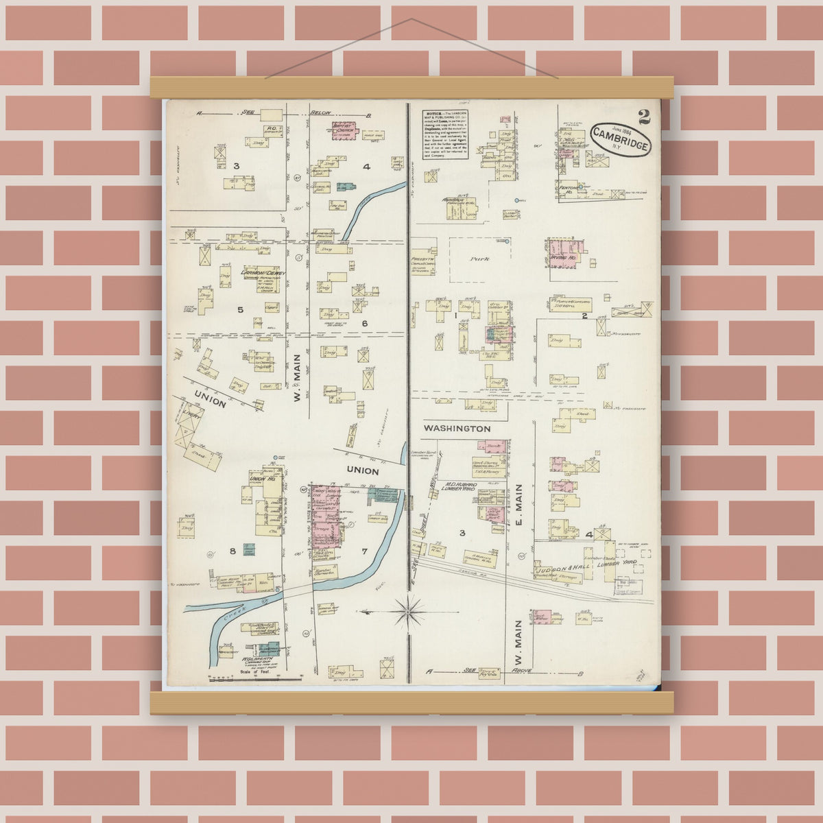 Old map wall art mockup — magnetic wood frame on brick wall — Sanborn Fire Insurance Map from Cambridge, Washington County, New York (1884), Sheet #0002