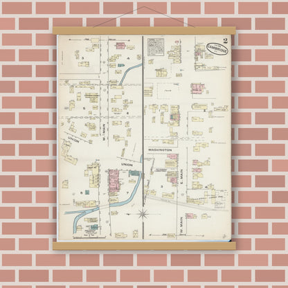 Old map wall art mockup — magnetic wood frame on brick wall — Sanborn Fire Insurance Map from Cambridge, Washington County, New York (1884), Sheet #0002