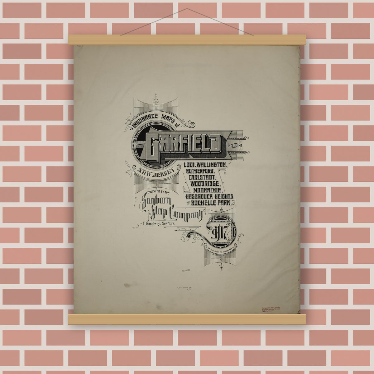 Old map wall art mockup — magnetic wood frame on brick wall — Sanborn Fire Insurance Map from Garfield, Bergen County, New Jersey (1917), Sheet #0001