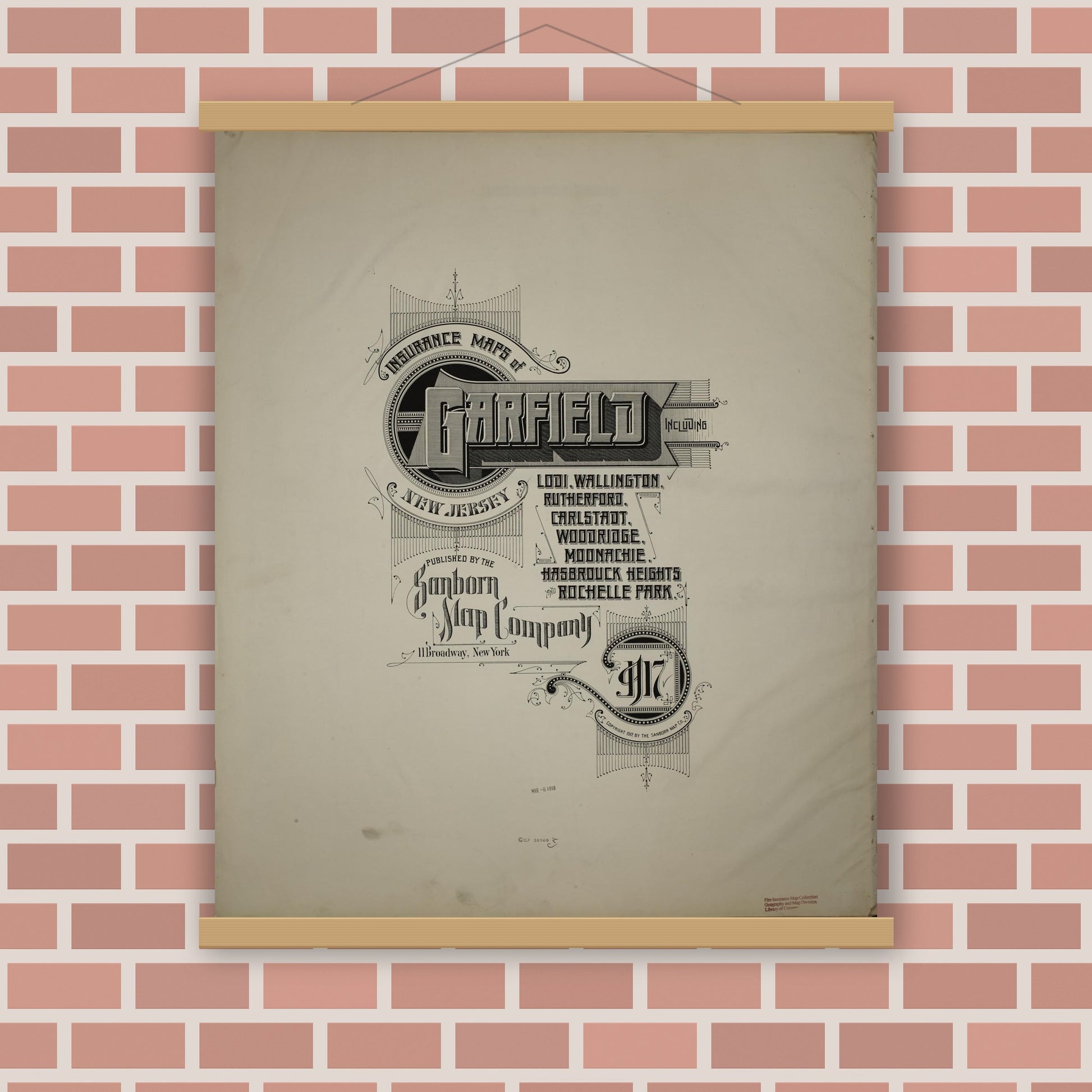 Old map wall art mockup — magnetic wood frame on brick wall — Sanborn Fire Insurance Map from Garfield, Bergen County, New Jersey (1917), Sheet #0001
