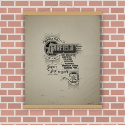 Old map wall art mockup — magnetic wood frame on brick wall — Sanborn Fire Insurance Map from Garfield, Bergen County, New Jersey (1917), Sheet #0001