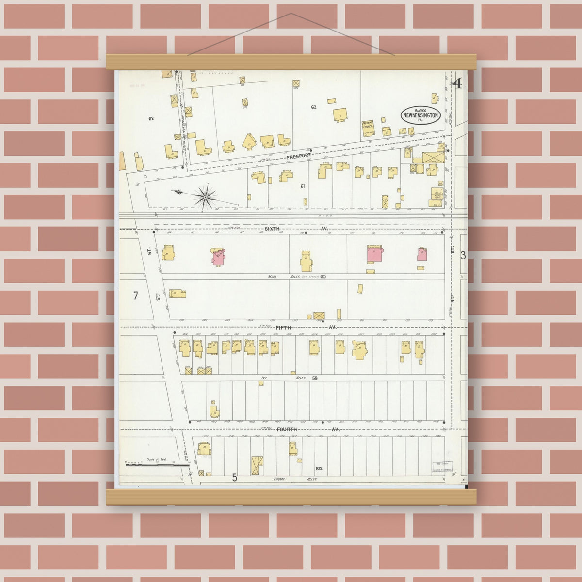 Old map wall art mockup — magnetic wood frame on brick wall — Sanborn Fire Insurance Map from New Kensington, Westmoreland County, Pennsylvania (1900), Sheet #0004