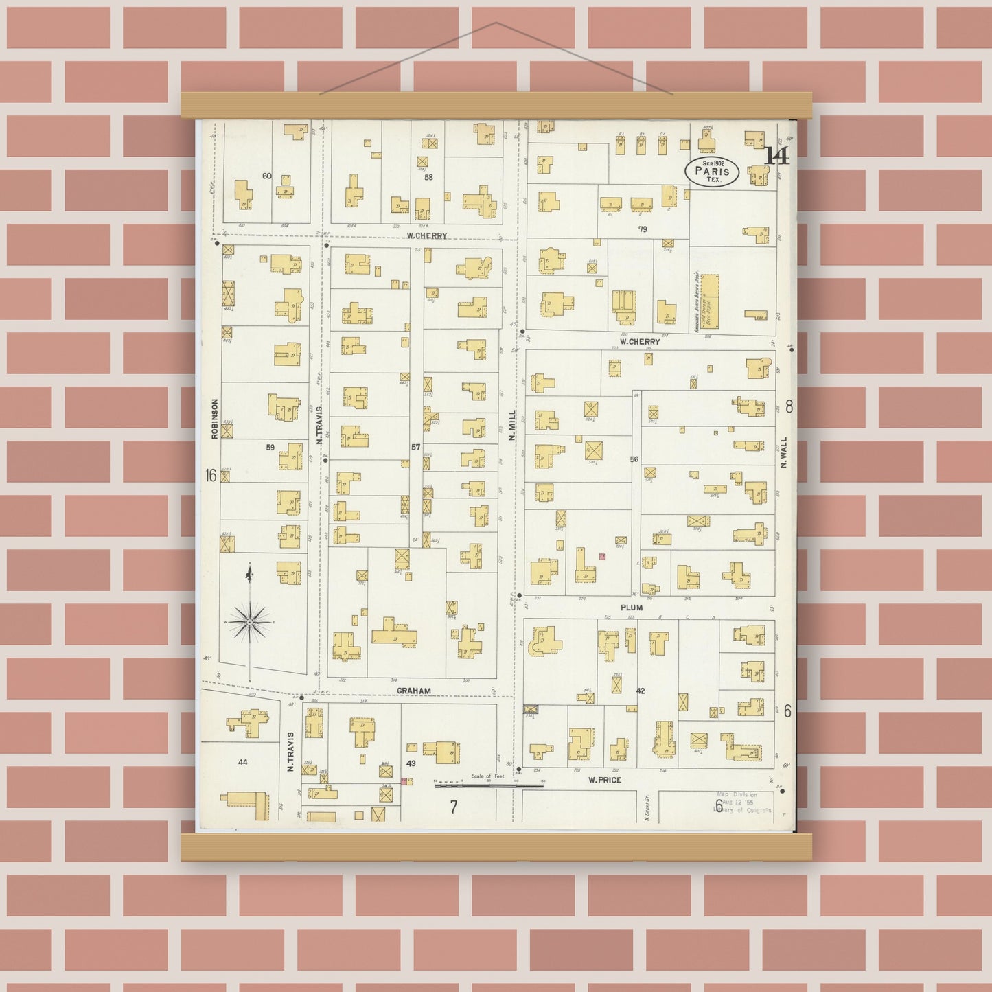 Old map wall art mockup — magnetic wood frame on brick wall — Sanborn Fire Insurance Map from Paris, Lamar County, Texas (1902), Sheet #0014