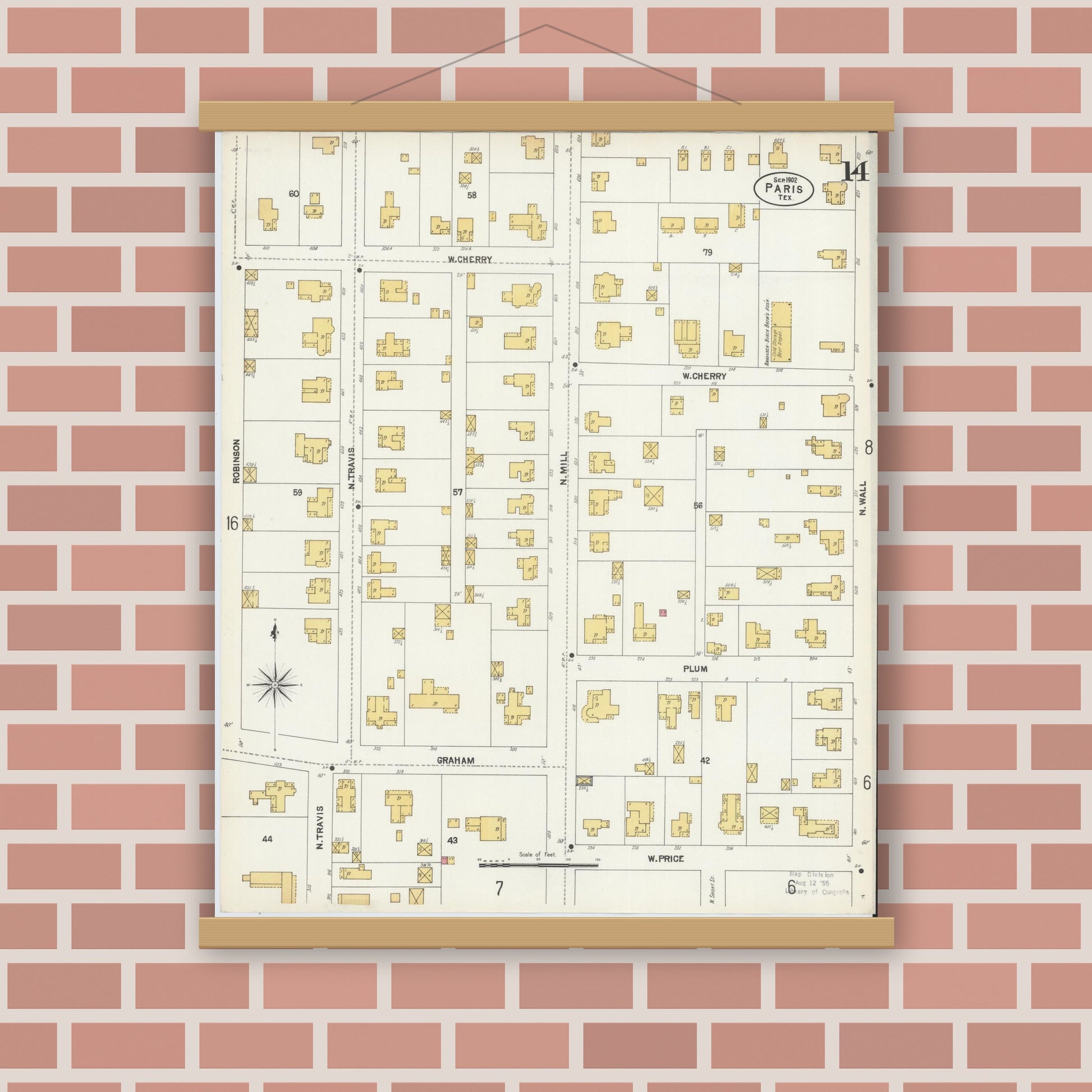 Old map wall art mockup — magnetic wood frame on brick wall — Sanborn Fire Insurance Map from Paris, Lamar County, Texas (1902), Sheet #0014