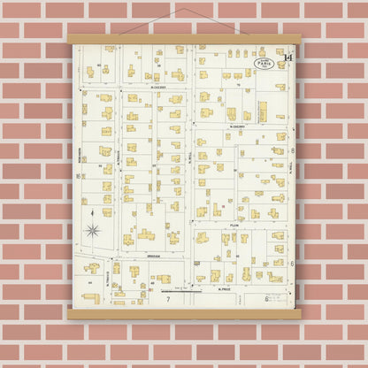 Old map wall art mockup — magnetic wood frame on brick wall — Sanborn Fire Insurance Map from Paris, Lamar County, Texas (1902), Sheet #0014