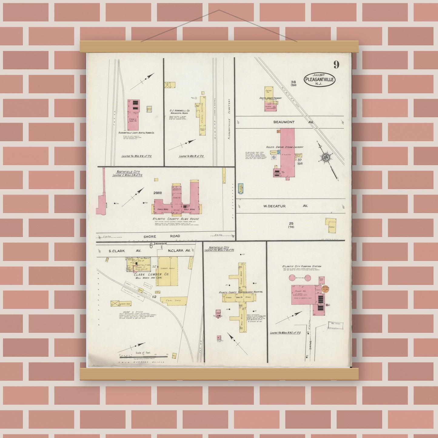 Old map wall art mockup — magnetic wood frame on brick wall — Sanborn Fire Insurance Map from Pleasantville, Atlantic County, New Jersey (1917), Sheet #0009