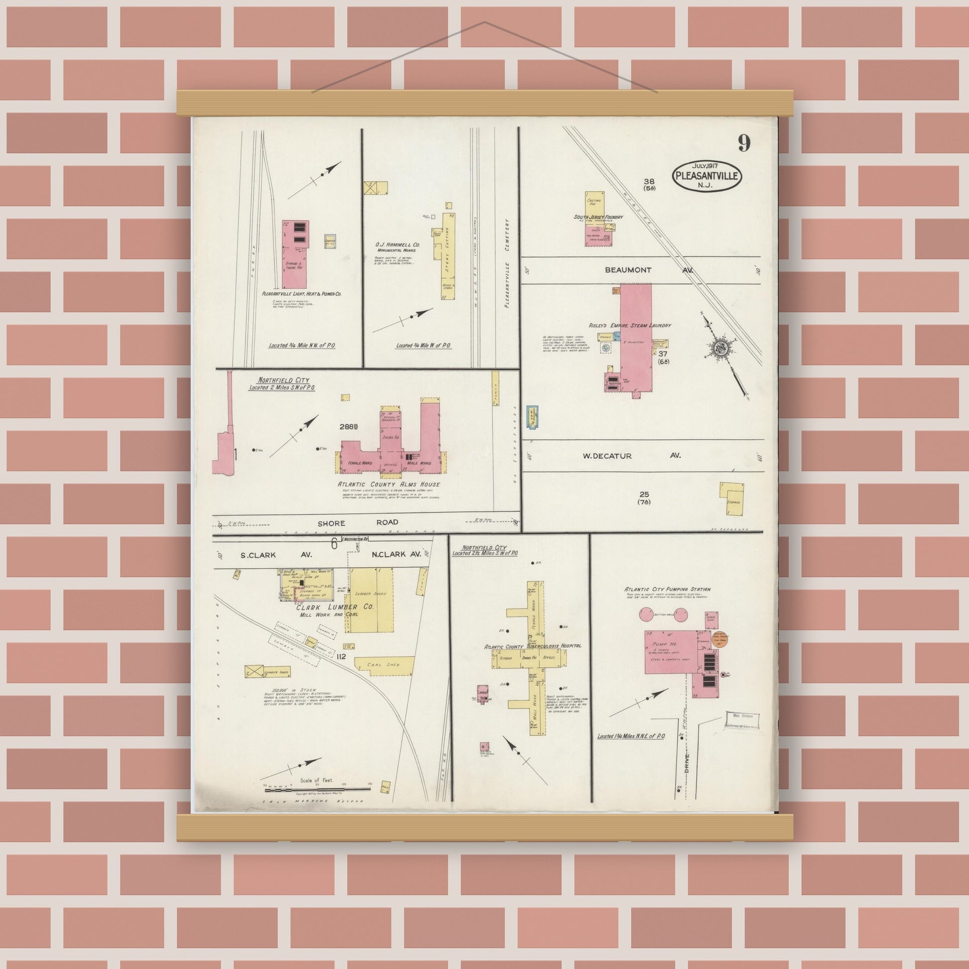 Old map wall art mockup — magnetic wood frame on brick wall — Sanborn Fire Insurance Map from Pleasantville, Atlantic County, New Jersey (1917), Sheet #0009