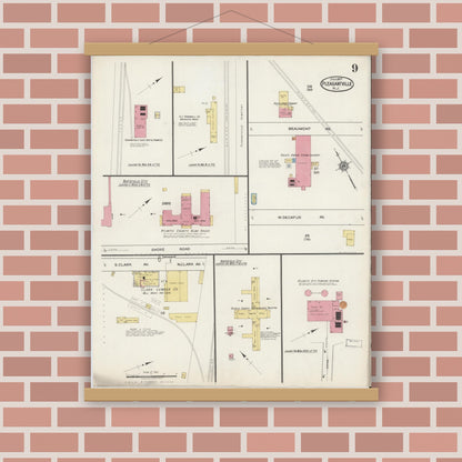 Old map wall art mockup — magnetic wood frame on brick wall — Sanborn Fire Insurance Map from Pleasantville, Atlantic County, New Jersey (1917), Sheet #0009