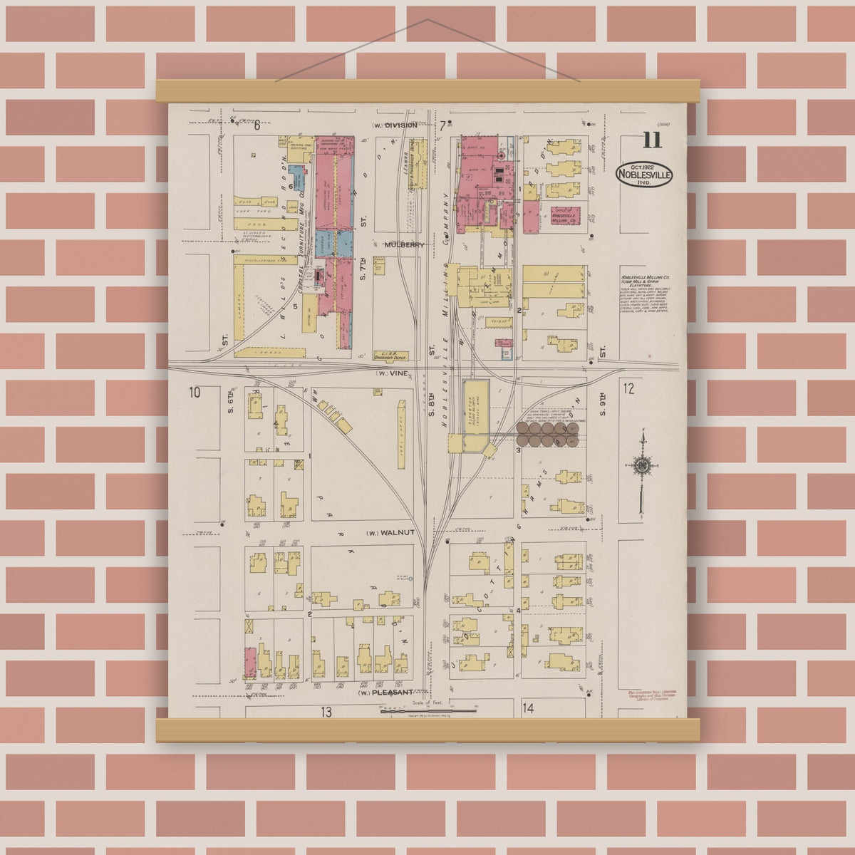 Old map wall art mockup — magnetic wood frame on brick wall — Sanborn Fire Insurance Map from Noblesville, Hamilton County, Indiana (1922), Sheet #0011