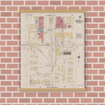 Old map wall art mockup — magnetic wood frame on brick wall — Sanborn Fire Insurance Map from Noblesville, Hamilton County, Indiana (1922), Sheet #0011