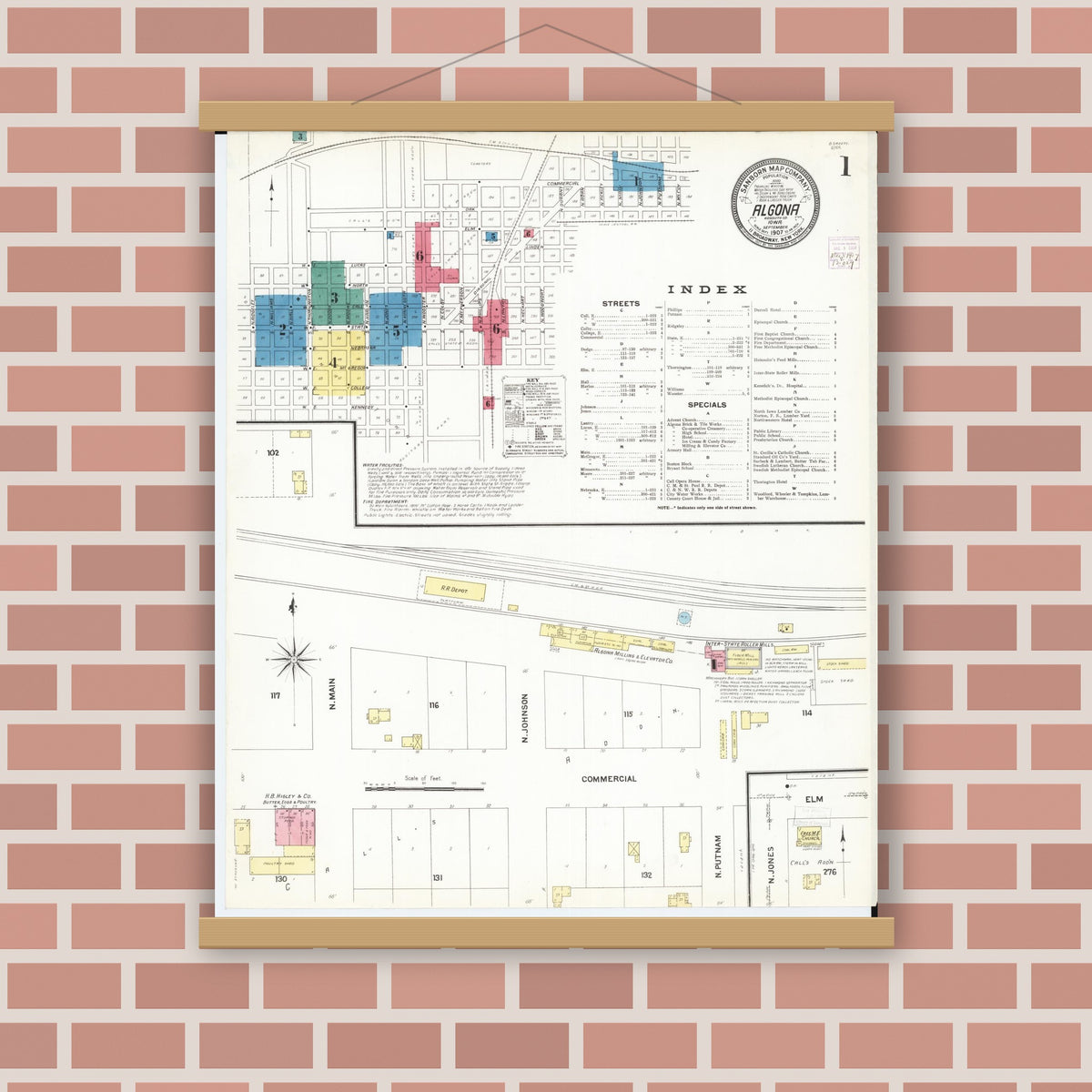 Old map wall art mockup — magnetic wood frame on brick wall — Sanborn Fire Insurance Map from Algona, Kossuth County, Iowa (1907) â€” Complete Set