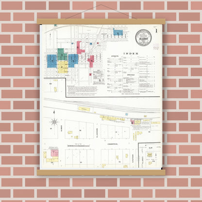 Old map wall art mockup — magnetic wood frame on brick wall — Sanborn Fire Insurance Map from Algona, Kossuth County, Iowa (1907) â€” Complete Set
