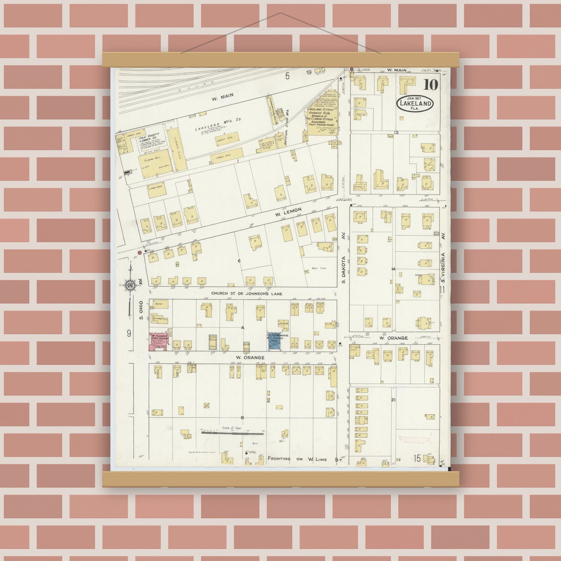 Old map wall art mockup — magnetic wood frame on brick wall — Sanborn Fire Insurance Map from Lakeland, Polk County, Florida (1917), Sheet #0010