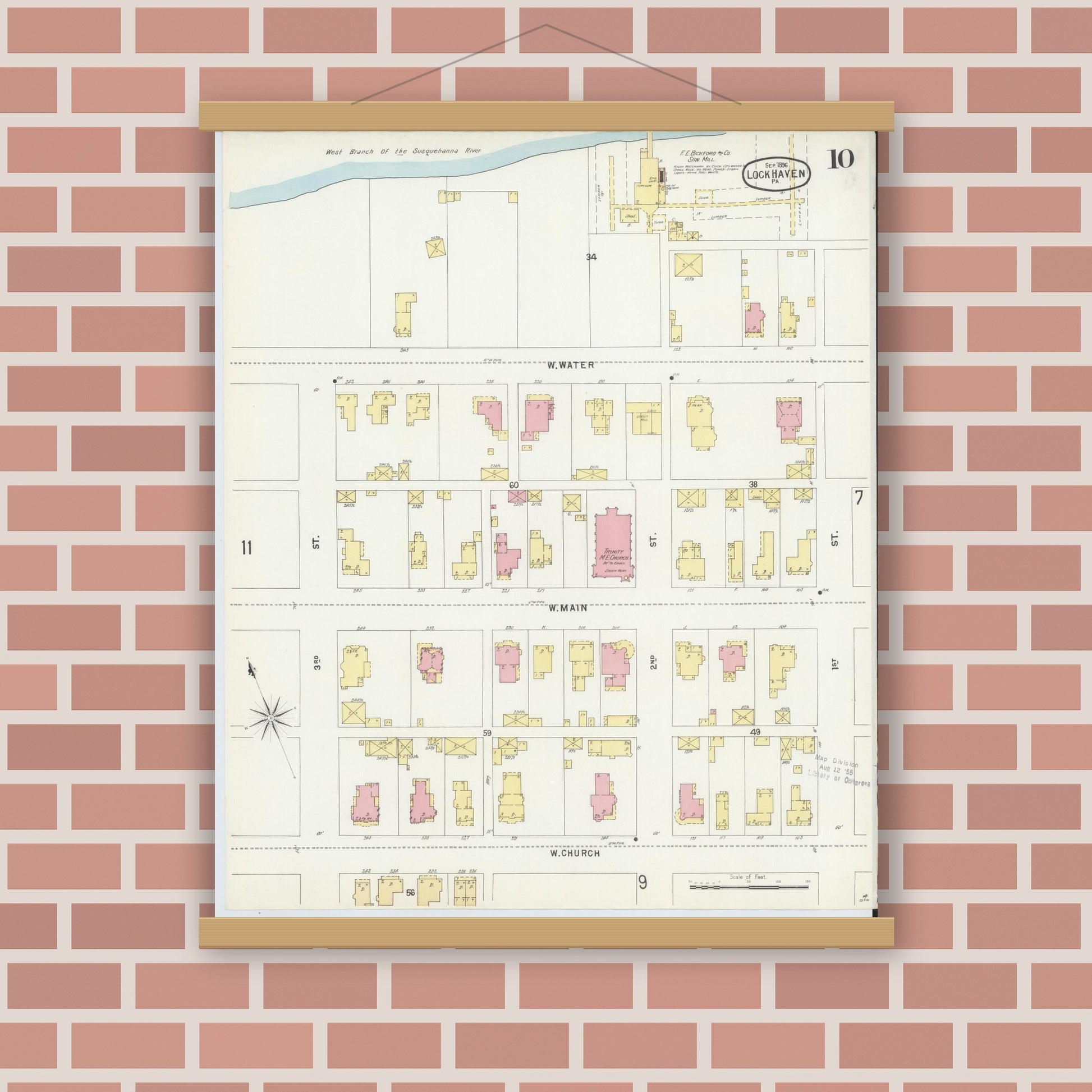 Old map wall art mockup — magnetic wood frame on brick wall — Sanborn Fire Insurance Map from Lock Haven, Clinton County, Pennsylvania (1896), Sheet #0010