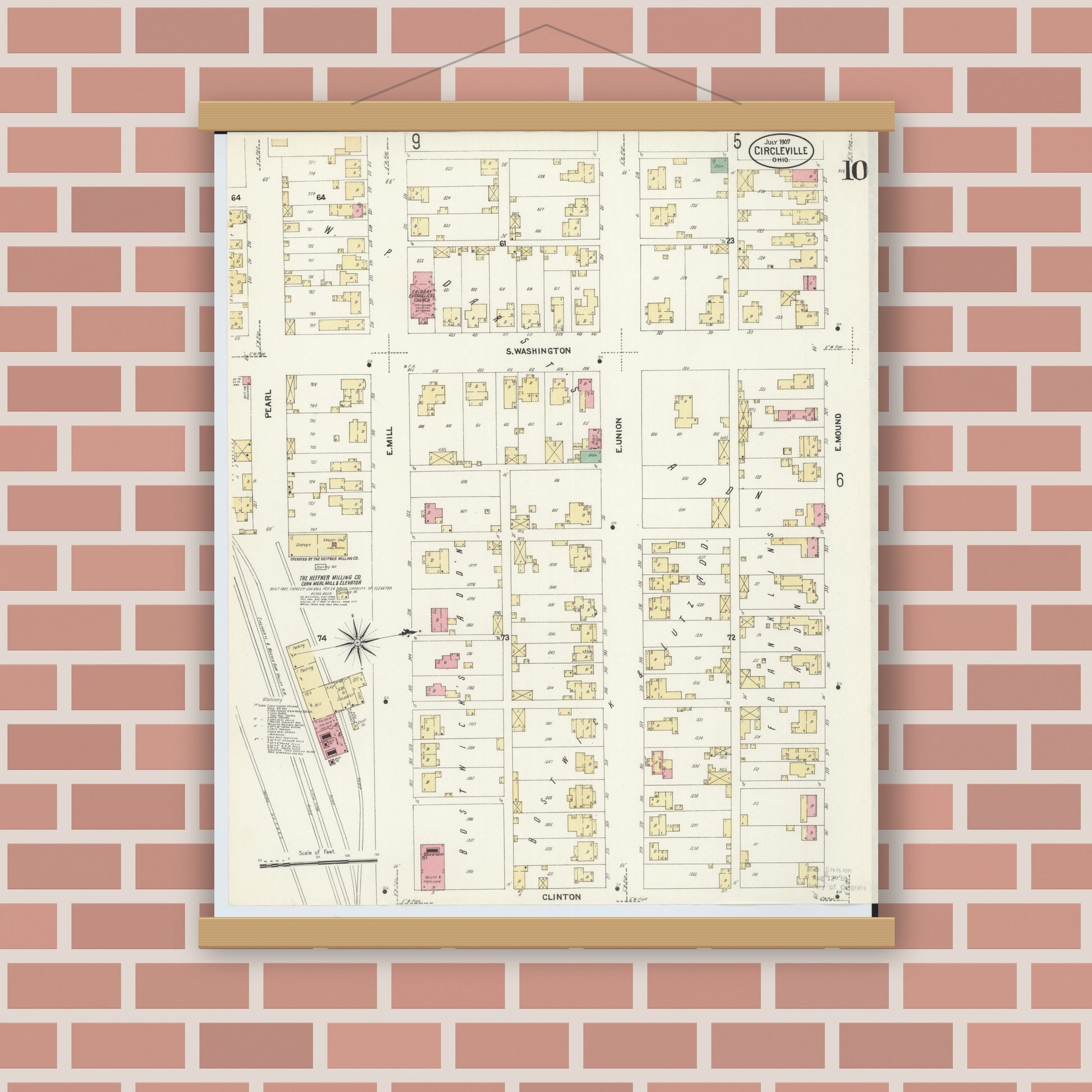 Old map wall art mockup — magnetic wood frame on brick wall — Sanborn Fire Insurance Map from Circleville, Pickaway County, Ohio (1907), Sheet #0010