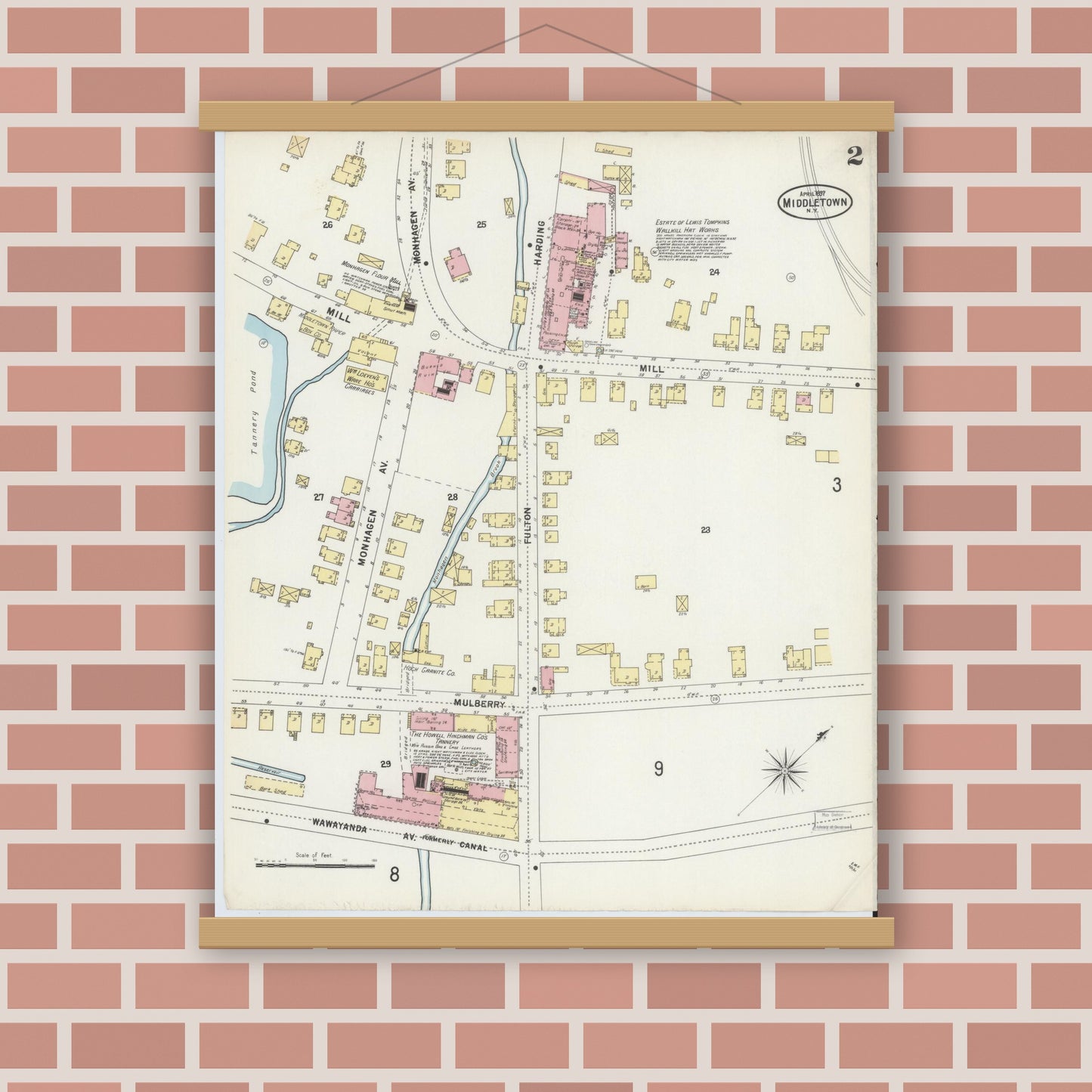 Old map wall art mockup — magnetic wood frame on brick wall — Sanborn Fire Insurance Map from Middletown, Orange County, New York (1897) - Complete Map Set