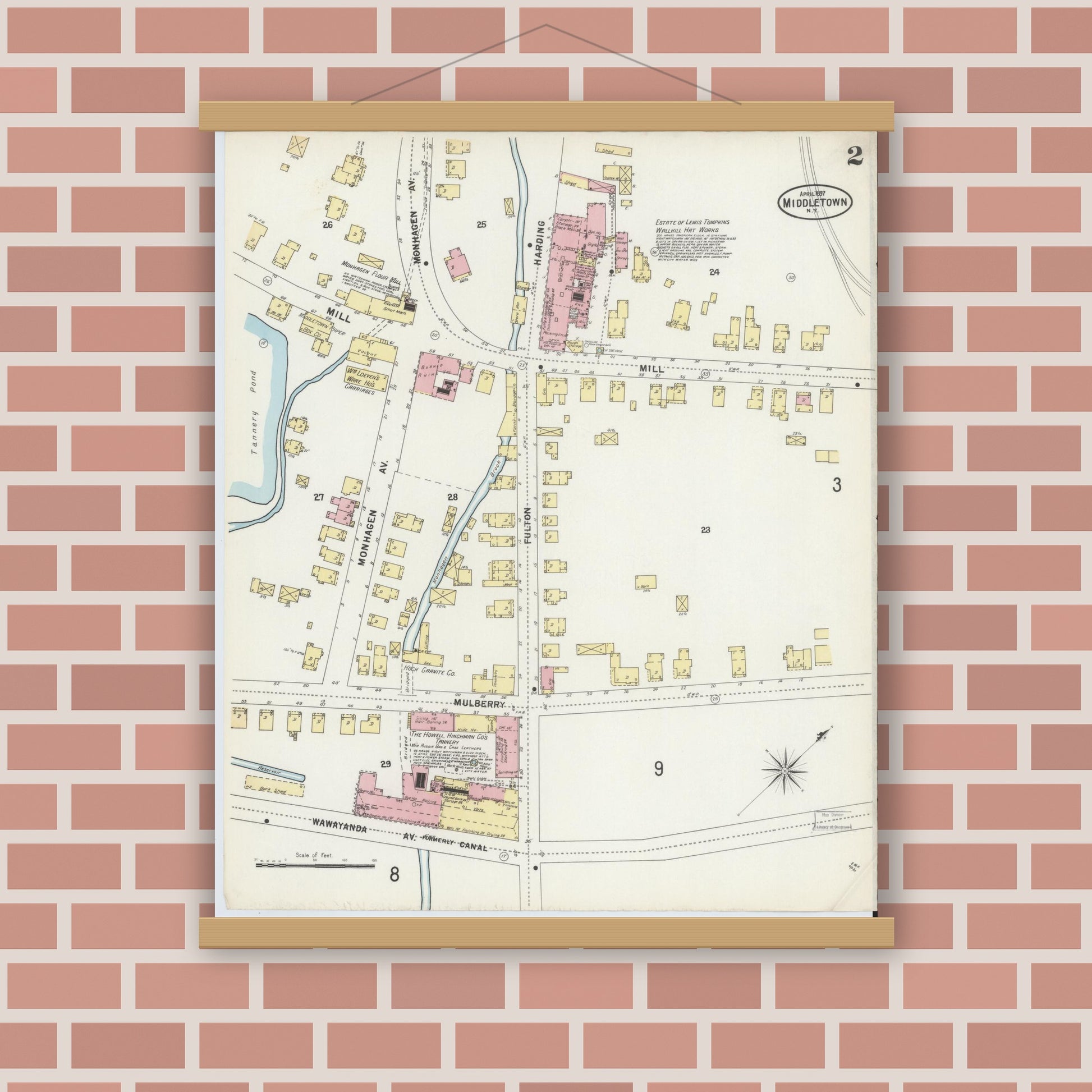 Old map wall art mockup — magnetic wood frame on brick wall — Sanborn Fire Insurance Map from Middletown, Orange County, New York (1897) - Complete Map Set