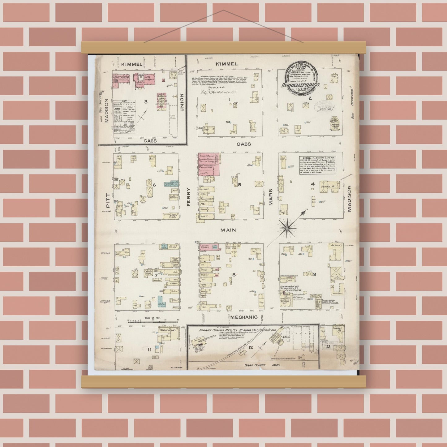 Old map wall art mockup — magnetic wood frame on brick wall — Sanborn Fire Insurance Map from Berrien Springs, Berrien County, Michigan (1884), Sheet #0001