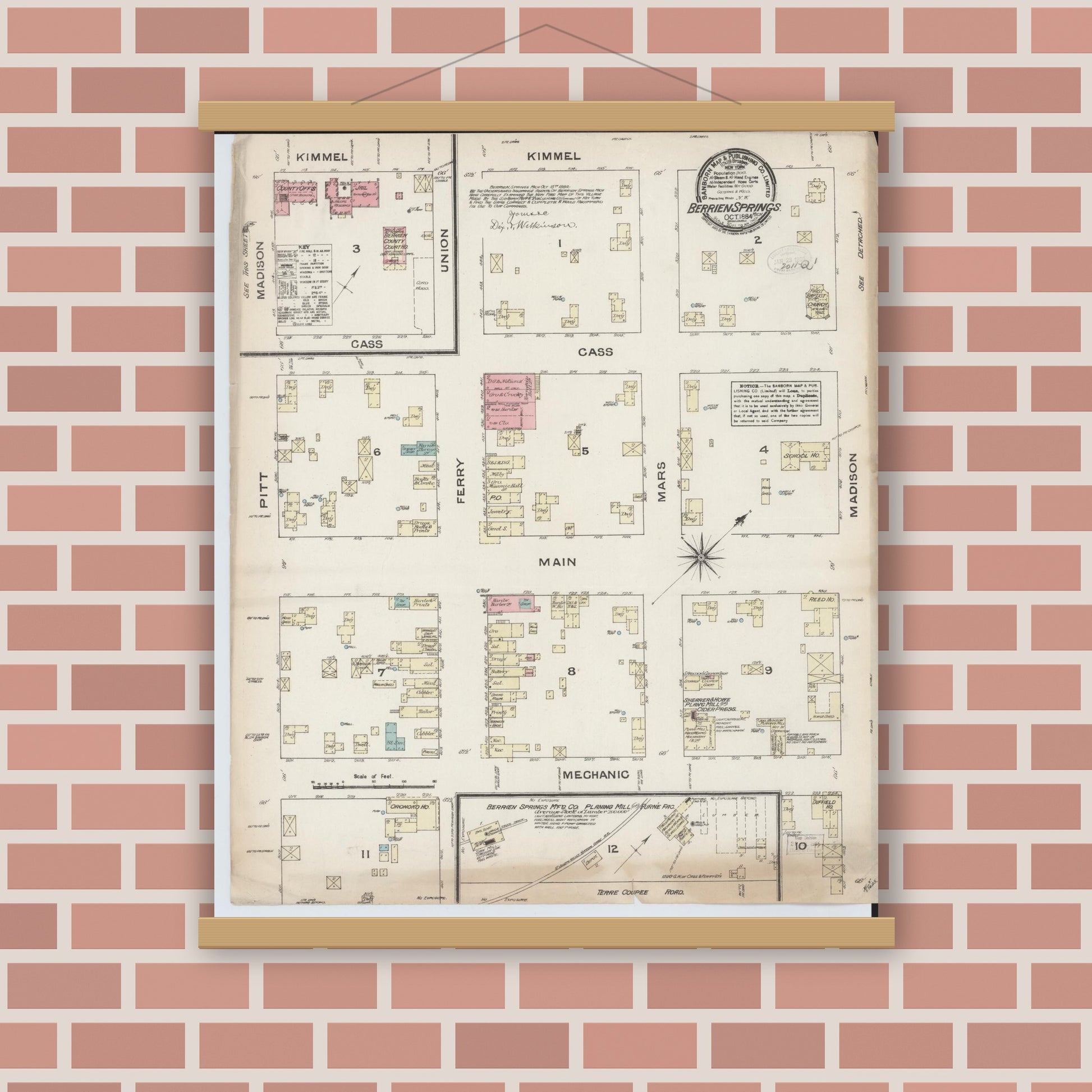 Old map wall art mockup — magnetic wood frame on brick wall — Sanborn Fire Insurance Map from Berrien Springs, Berrien County, Michigan (1884), Sheet #0001
