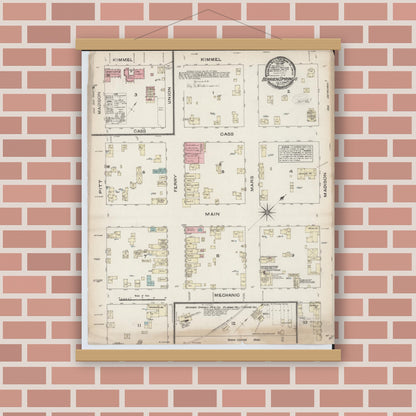 Old map wall art mockup — magnetic wood frame on brick wall — Sanborn Fire Insurance Map from Berrien Springs, Berrien County, Michigan (1884), Sheet #0001