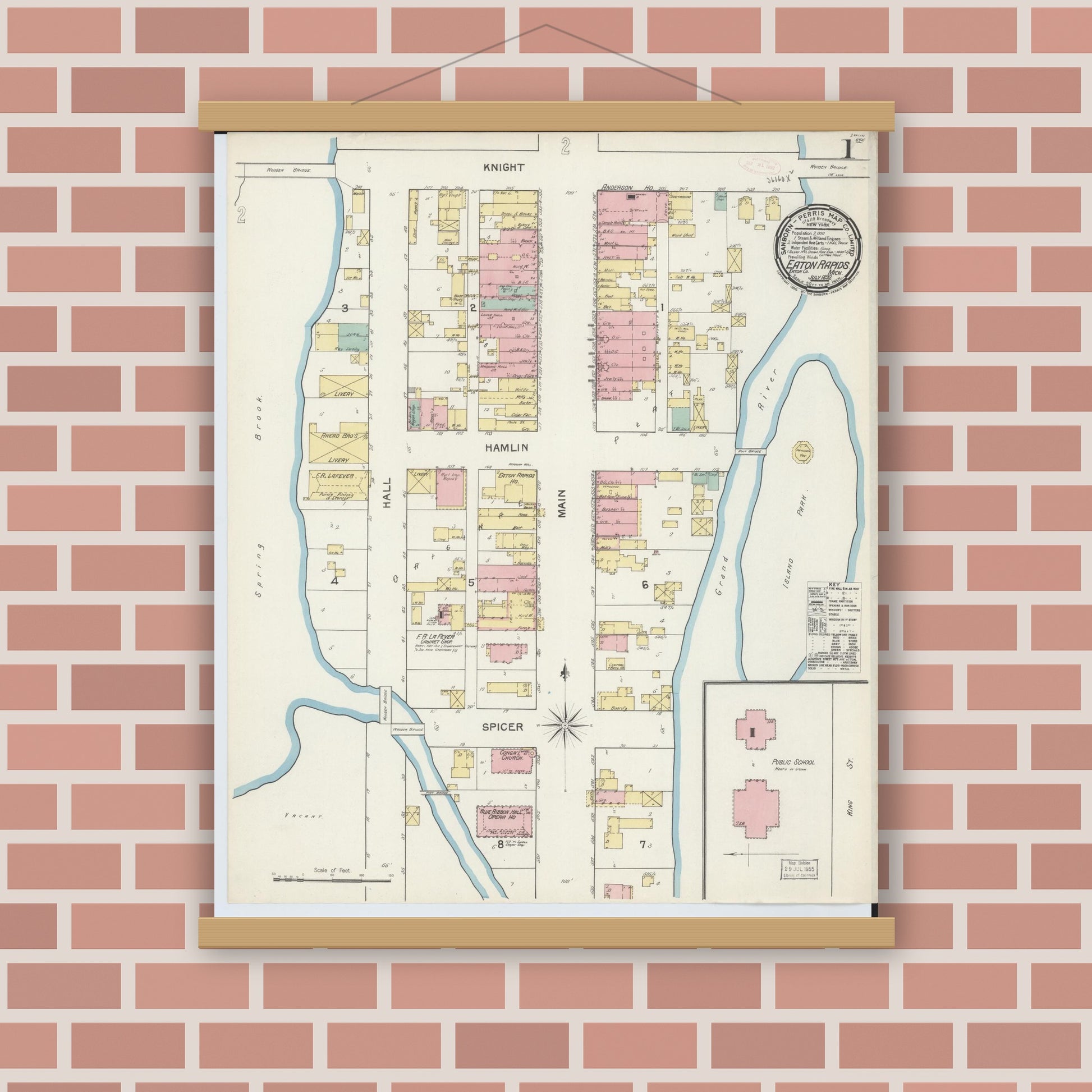 Old map wall art mockup — magnetic wood frame on brick wall — Sanborn Fire Insurance Map from Eaton Rapids, Eaton County, Michigan (1892) - Complete Map Set