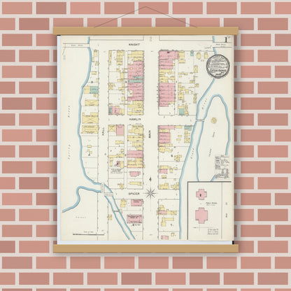 Old map wall art mockup — magnetic wood frame on brick wall — Sanborn Fire Insurance Map from Eaton Rapids, Eaton County, Michigan (1892) - Complete Map Set