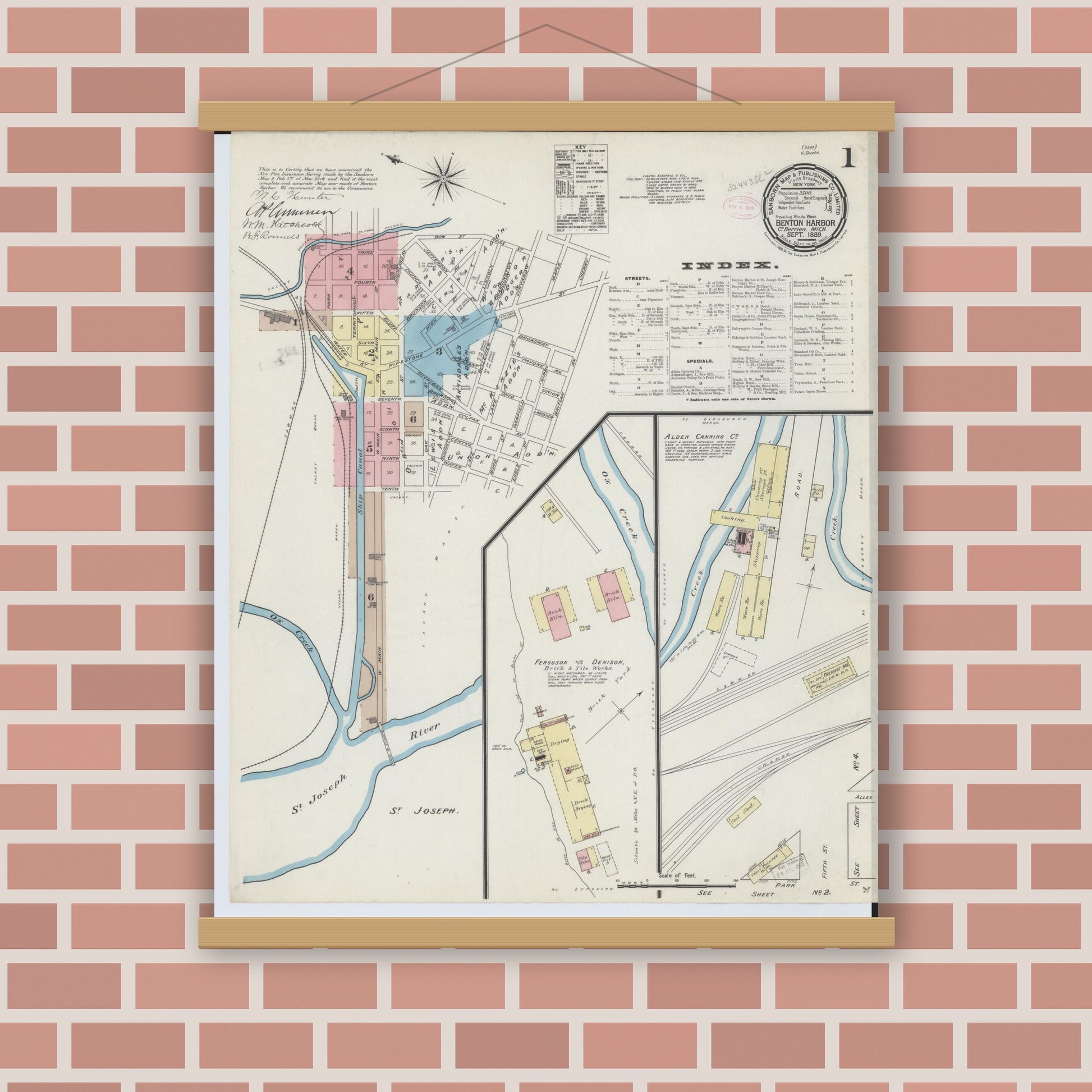 Old map wall art mockup — magnetic wood frame on brick wall — Sanborn Fire Insurance Map from Benton Harbor, Berrien County, Michigan (1889), Sheet #0001