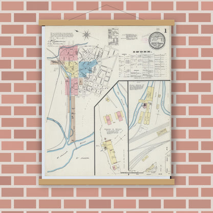 Old map wall art mockup — magnetic wood frame on brick wall — Sanborn Fire Insurance Map from Benton Harbor, Berrien County, Michigan (1889), Sheet #0001
