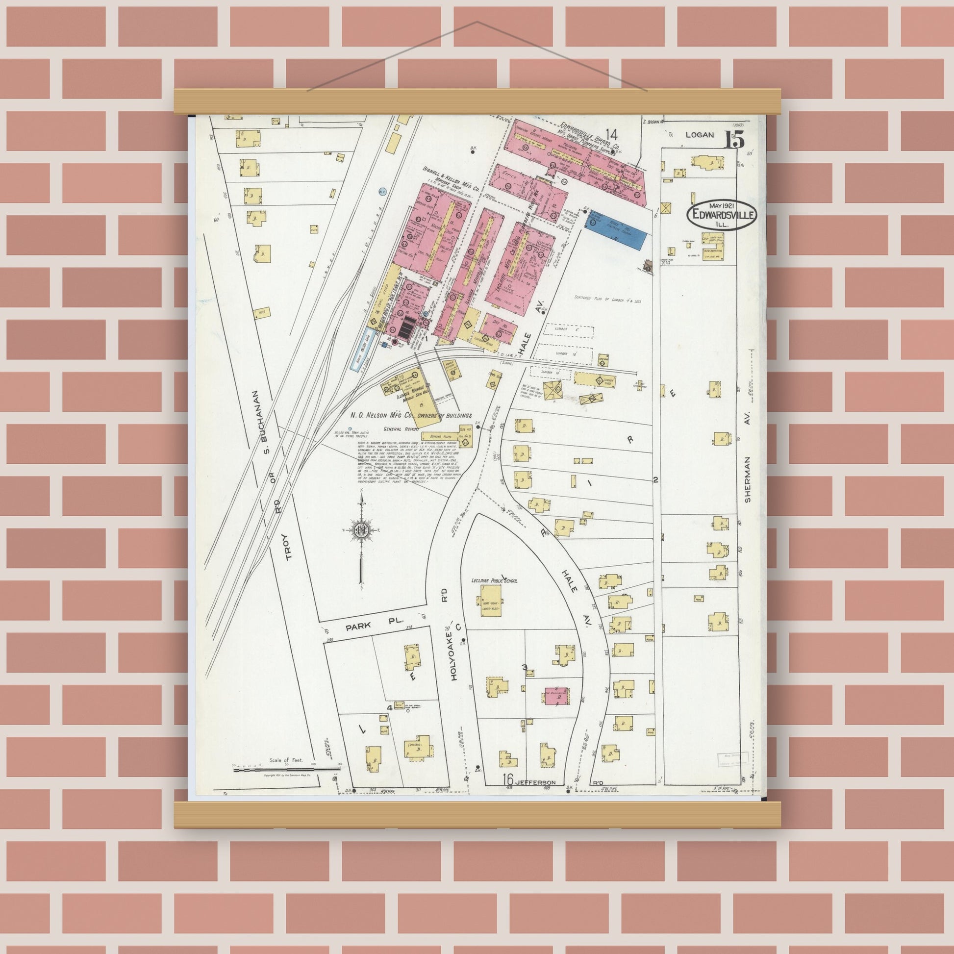 Old map wall art mockup — magnetic wood frame on brick wall — Sanborn Fire Insurance Map from Edwardsville, Madison County, Illinois (1921), Sheet #0015