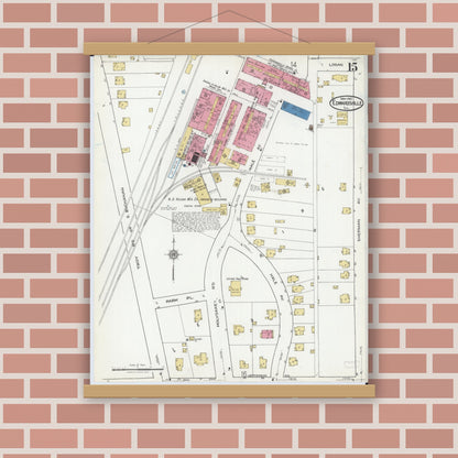 Old map wall art mockup — magnetic wood frame on brick wall — Sanborn Fire Insurance Map from Edwardsville, Madison County, Illinois (1921), Sheet #0015