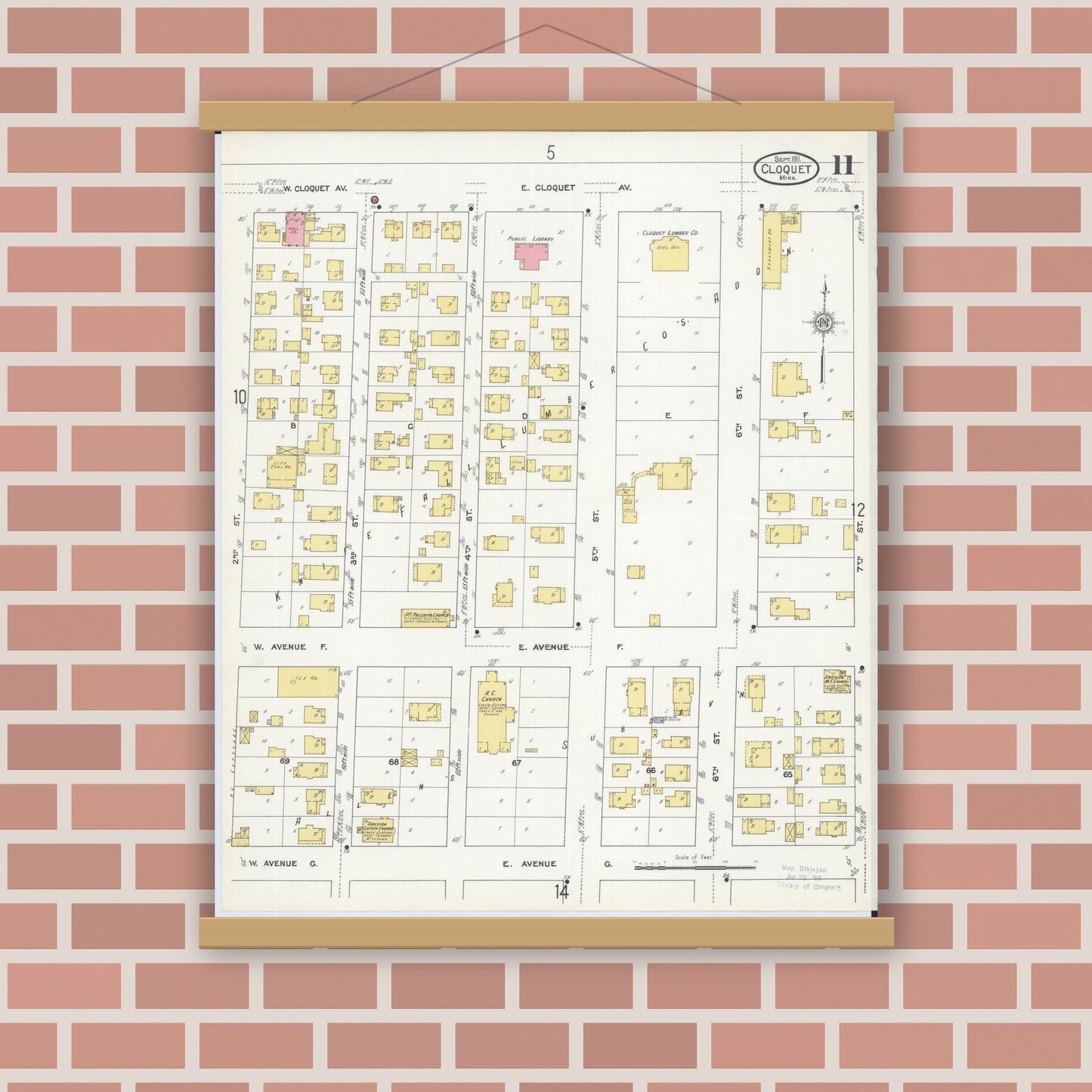 Old map wall art mockup — magnetic wood frame on brick wall — Sanborn Fire Insurance Map from Cloquet, Carlton County, Minnesota (1911), Sheet #0011