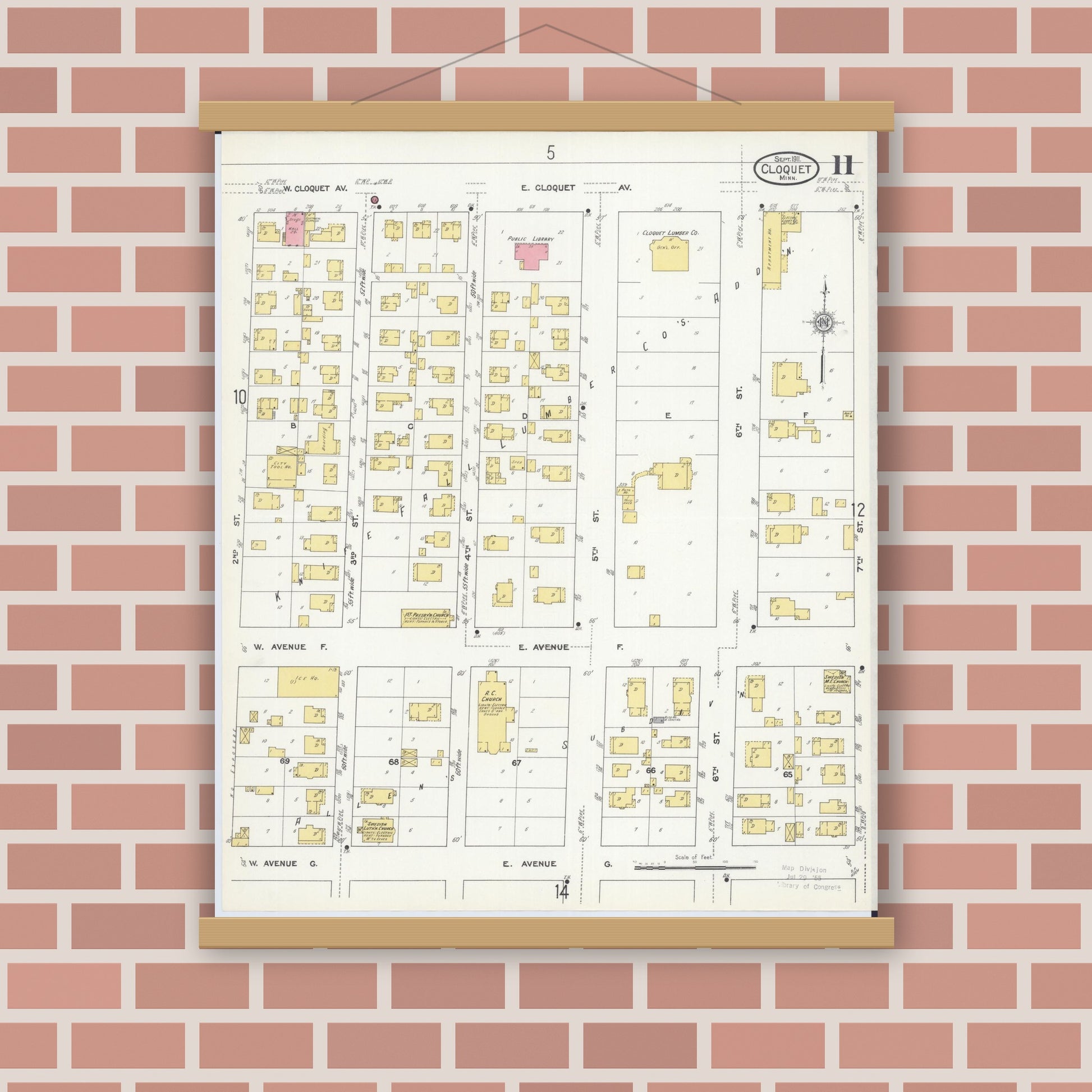 Old map wall art mockup — magnetic wood frame on brick wall — Sanborn Fire Insurance Map from Cloquet, Carlton County, Minnesota (1911), Sheet #0011