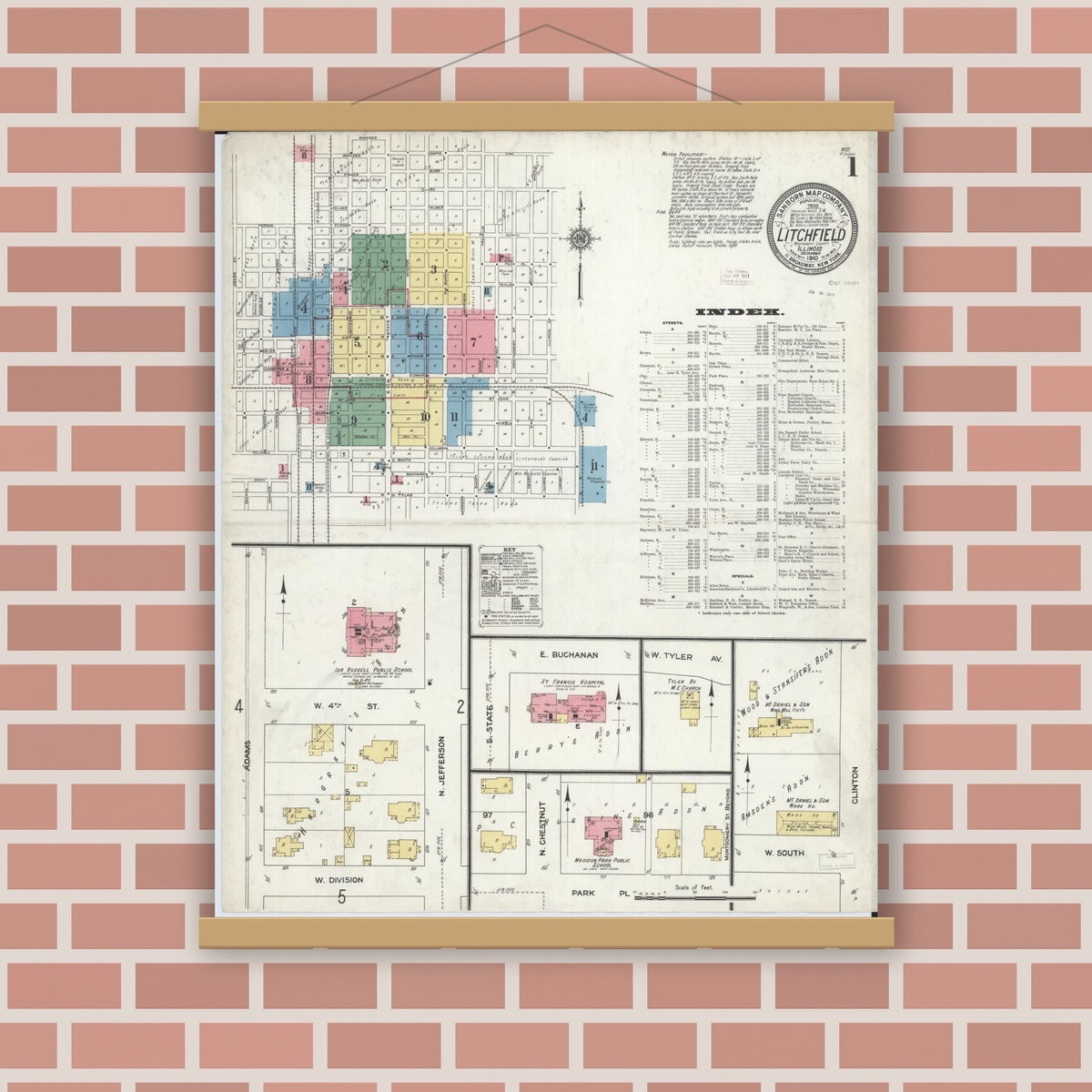 Old map wall art mockup — magnetic wood frame on brick wall — Sanborn Fire Insurance Map from Litchfield, Montgomery County, Illinois (1910) - Complete Map Set