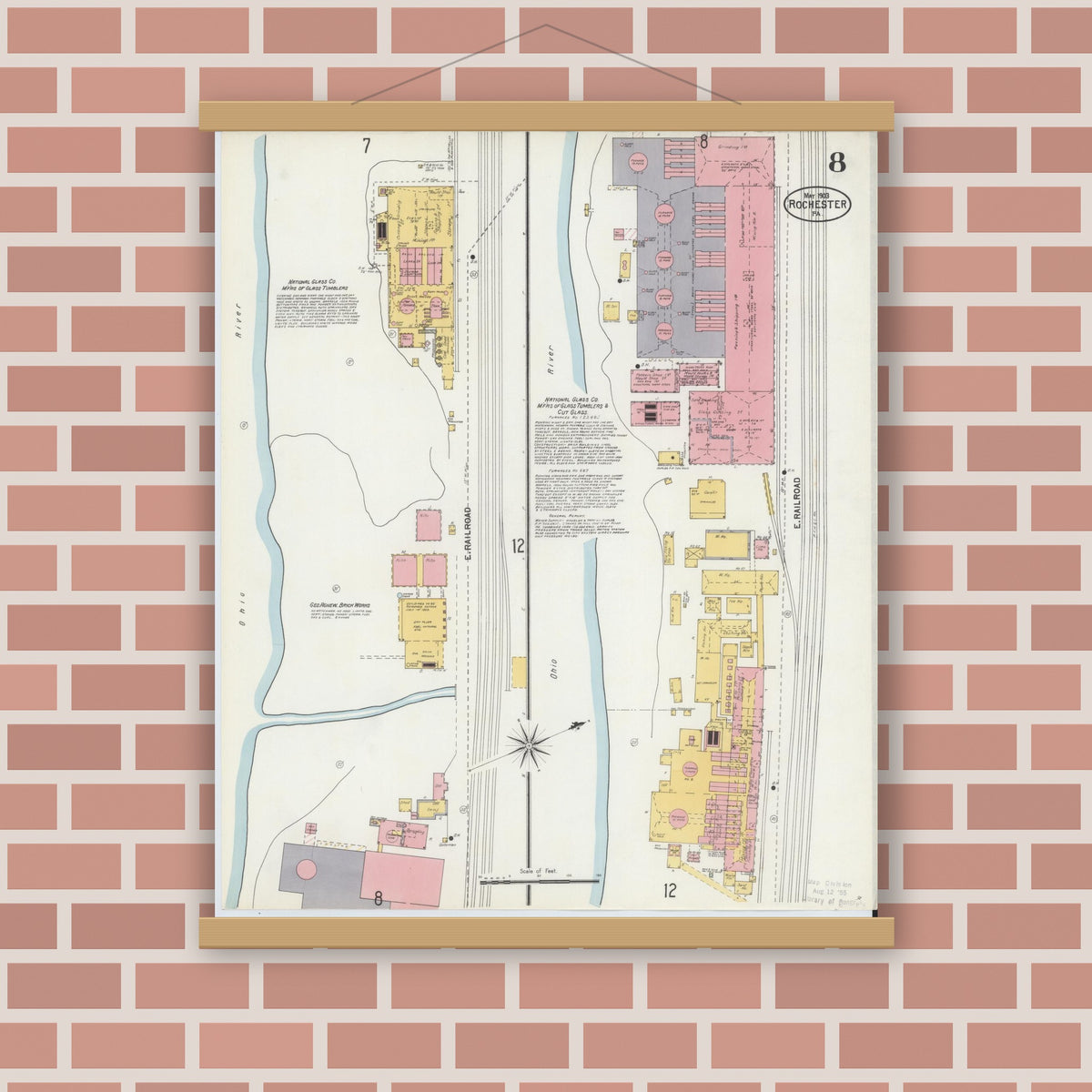 Old map wall art mockup — magnetic wood frame on brick wall — Sanborn Fire Insurance Map from Rochester, Beaver County, Pennsylvania (1903), Sheet #0008