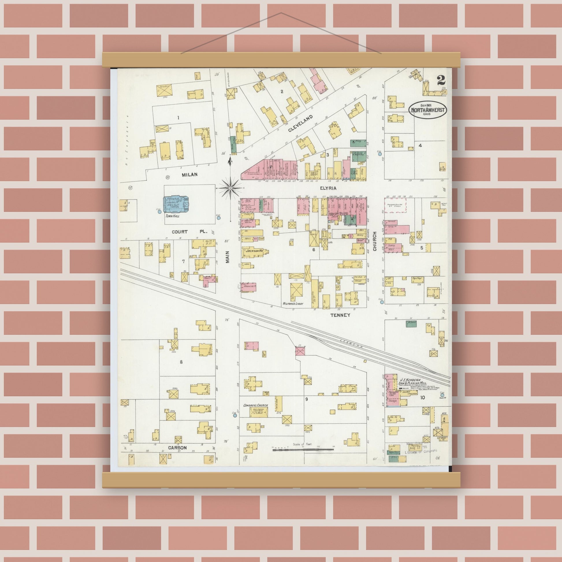 Old map wall art mockup — magnetic wood frame on brick wall — Sanborn Fire Insurance Map from North Amherst, Lorain County, Ohio (1901), Sheet #0002