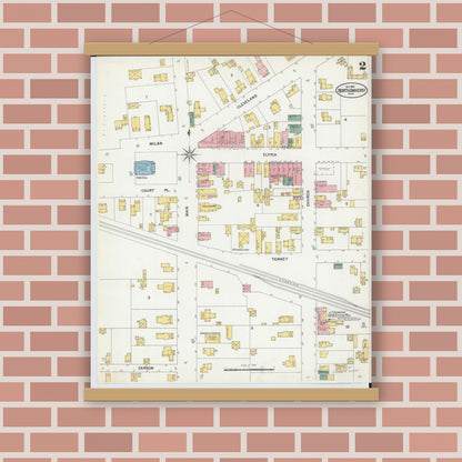 Old map wall art mockup — magnetic wood frame on brick wall — Sanborn Fire Insurance Map from North Amherst, Lorain County, Ohio (1901), Sheet #0002