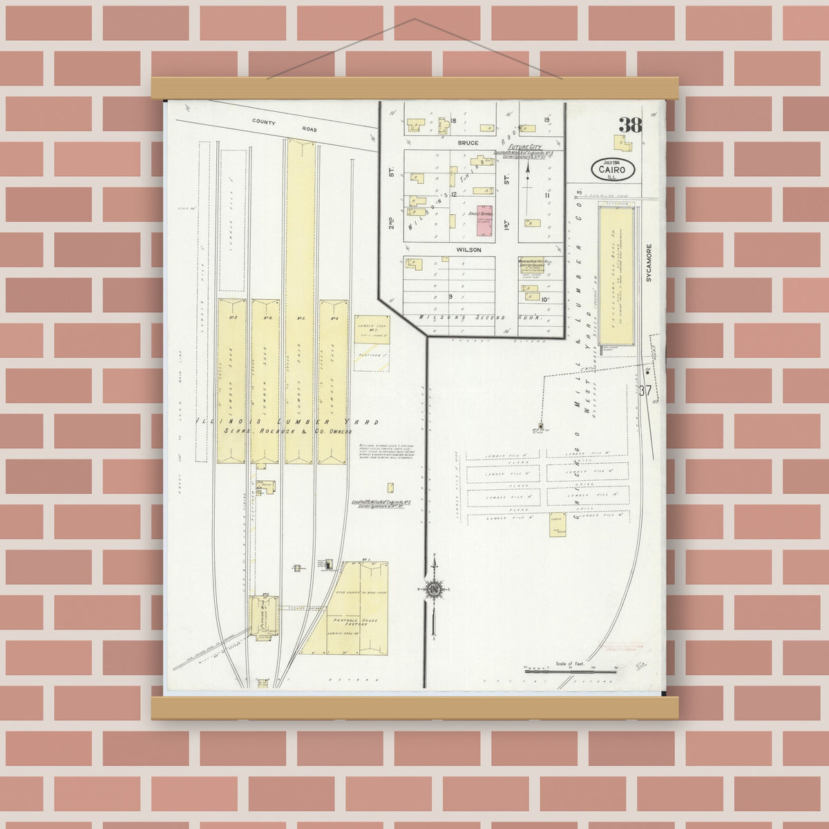 Old map wall art mockup — magnetic wood frame on brick wall — Sanborn Fire Insurance Map from Cairo, Alexander County, Illinois (1914), Sheet #0038