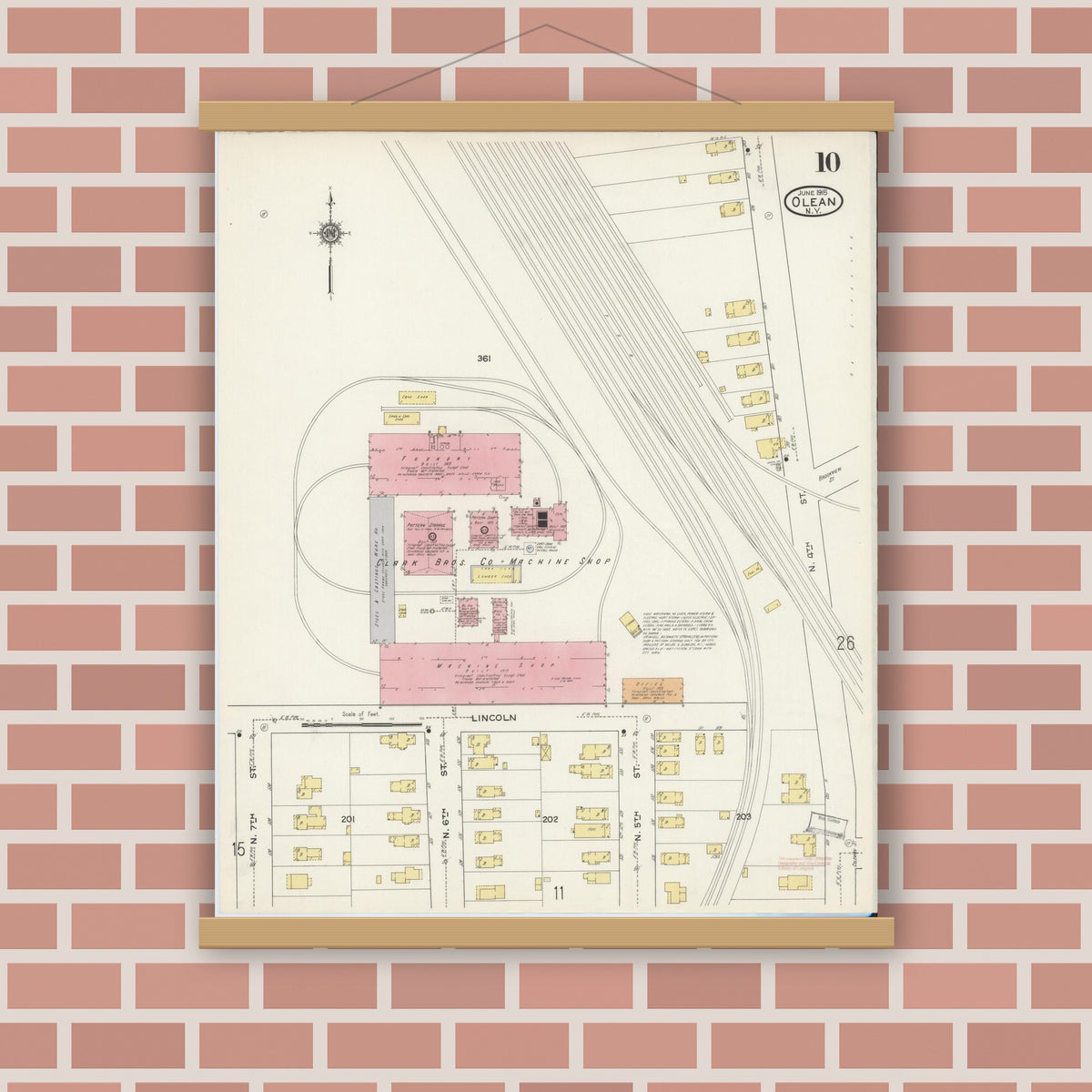 Old map wall art mockup — magnetic wood frame on brick wall — Sanborn Fire Insurance Map from Olean, Cattaraugus County, New York (1915), Sheet #0010