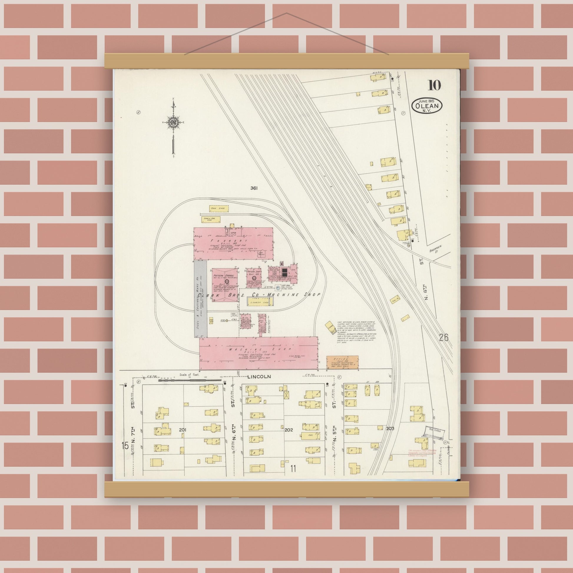 Old map wall art mockup — magnetic wood frame on brick wall — Sanborn Fire Insurance Map from Olean, Cattaraugus County, New York (1915), Sheet #0010