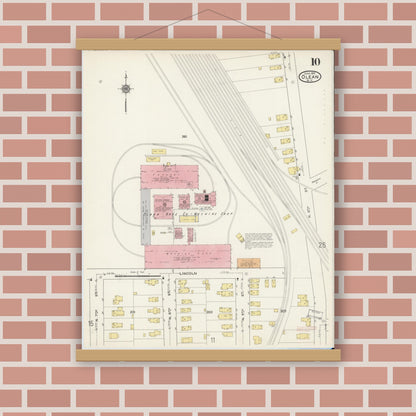 Old map wall art mockup — magnetic wood frame on brick wall — Sanborn Fire Insurance Map from Olean, Cattaraugus County, New York (1915), Sheet #0010