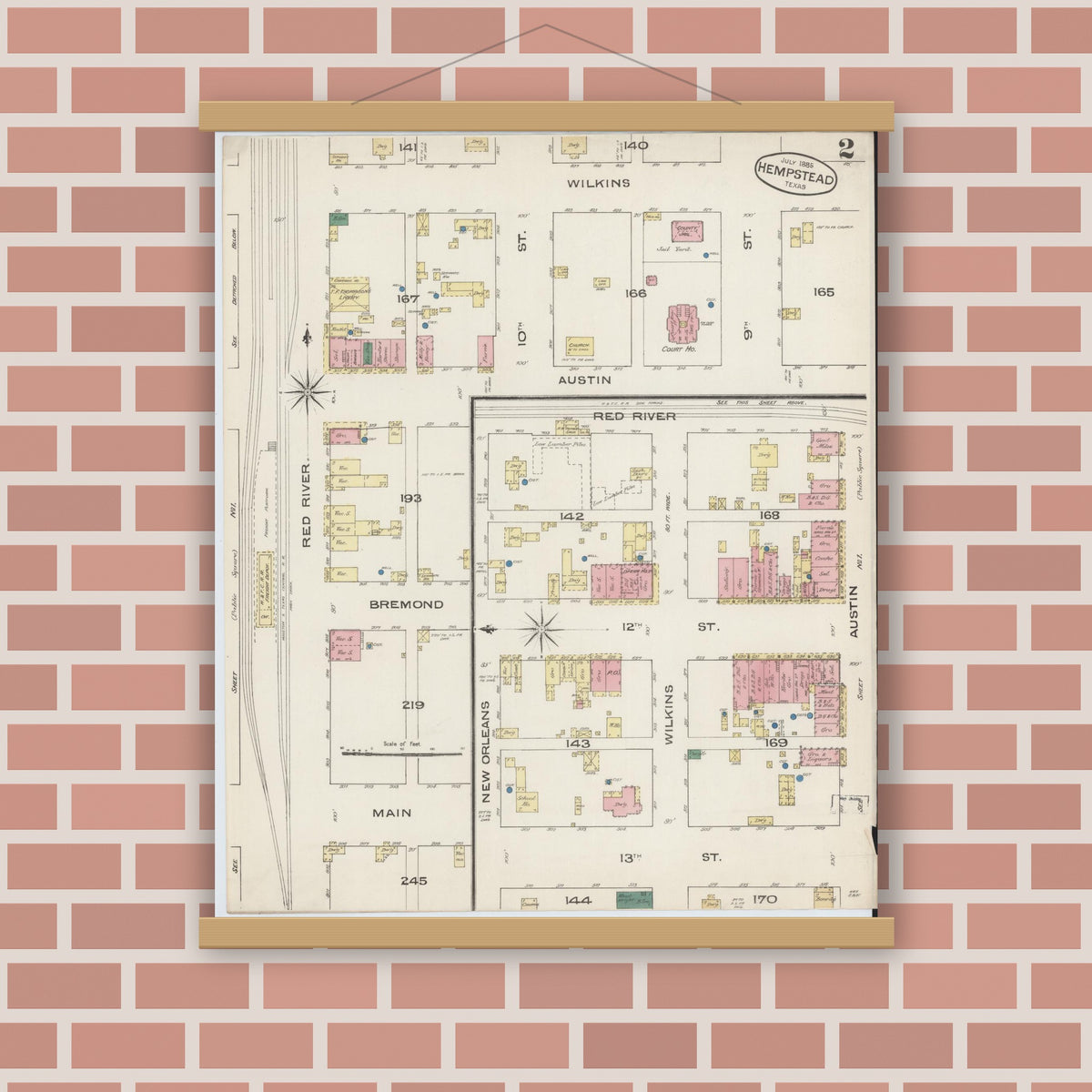 Old map wall art mockup — magnetic wood frame on brick wall — Sanborn Fire Insurance Map from Hempstead, Waller County, Texas (1885), Sheet #0002